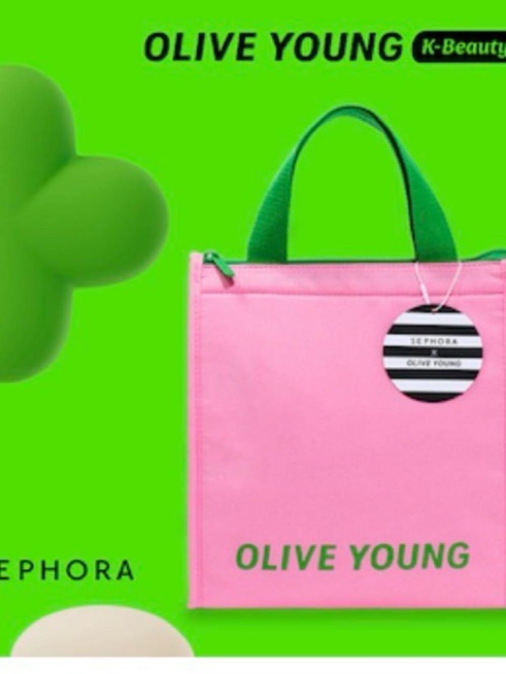 Olive Young Korean Beauty Sephora Pink Insulated Tote Bag with Green Handles